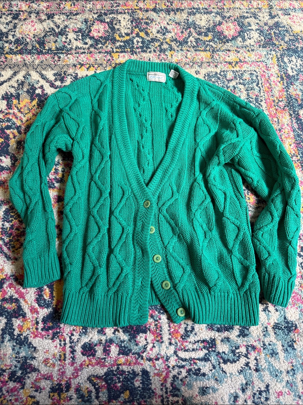 Cable-Knit V-Neck Button Cardigan - Green